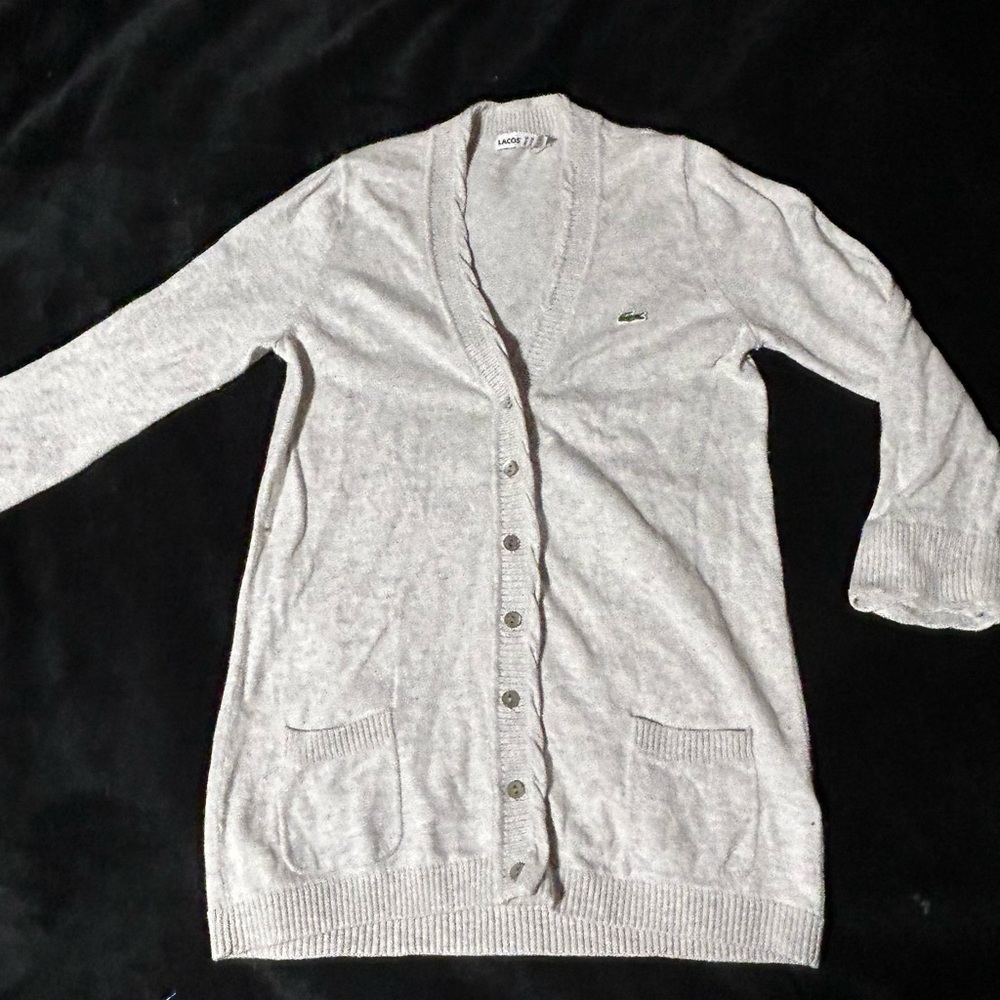 Lacoste Gray Cardigan Sweater with Ribbed Collar: size SM